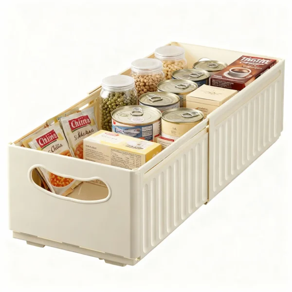 Caja Organizadora Deslizable Extensible Color Crema Con Alimentos No Perecibles Ordenados En La Despensa
