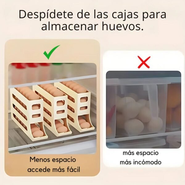 Comparación Entre Dispensadores De Huevos Ordenados En El Refrigerador Y Una Caja Plástica Tradicional Ocupando Más Espacio