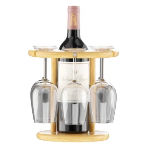 Organizador Redondo De Bambú Con Botella De Vino Al Centro Y Cuatro Copas Colgantes