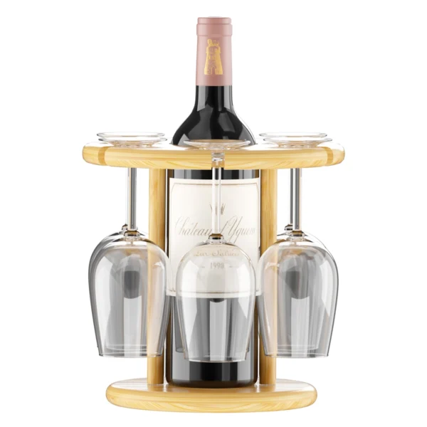 Organizador Redondo De Bambú Con Botella De Vino Al Centro Y Cuatro Copas Colgantes