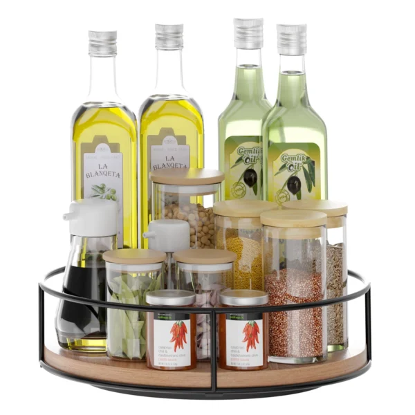 Organizador Giratorio De Madera Y Metal Con Condimentos Sobre Encimera Moderna