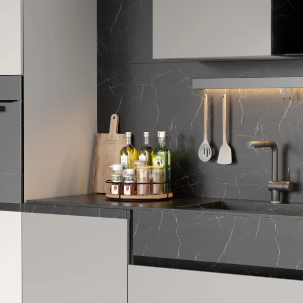 Organizador De Cocina Con Bandeja Giratoria De Madera Y Metal Sobre Encimera Negra